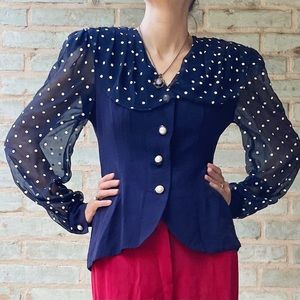 Vintage Blouse 80s Navy Polka Dot Sheer Chiffon Strong Shoulder Jacket Top